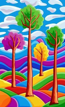 Background with beautiful landscape with trees, mountains, hills, bright color Stock Illustration