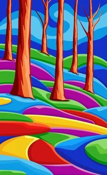 Background with beautiful landscape with trees, mountains and hills, bright Stock Illustration