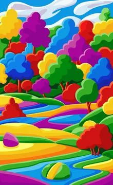Background with beautiful landscape with trees, river and hills, bright color Stock Illustration