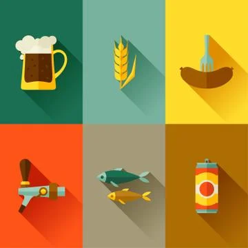 Background with beer icons and objects in flat style Stock Illustration