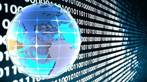 Background of binary code with the rotation of the glass of the globe. Stock Illustration