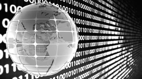 Background of binary code with the rotation of the glass of the globe. Stock Illustration