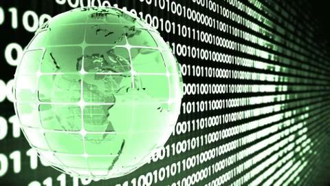 Background of binary code with the rotation of the glass of the globe. Stock Illustration