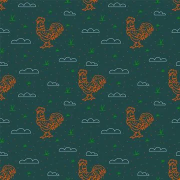 Background with a bird. Textiles with a rooster and clouds. Chicken line pattern Illustrazione stock