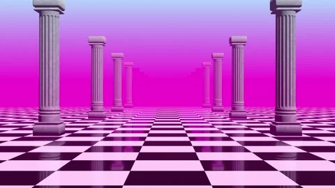 Background with black and white checkered floor, vaporwave aesthetics Stock Footage 268577586