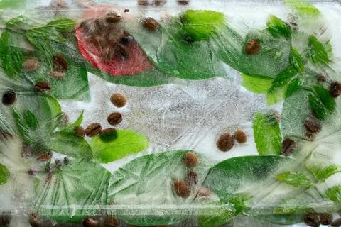Background of  black coffee beans   and green leaves of coffee and mint  froz Foto stock