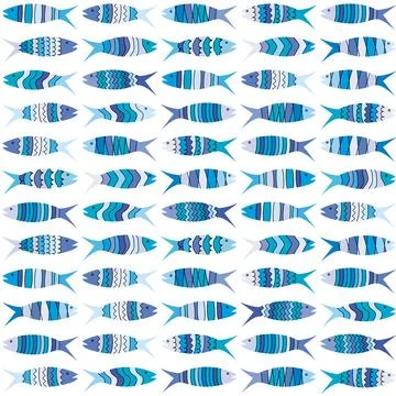 Background with blue fish lined up in rows Stock Illustration