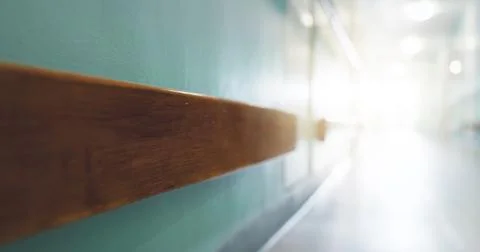 Background, blur and empty corridor in hospital for healthcare, sterile interior Stock Photos