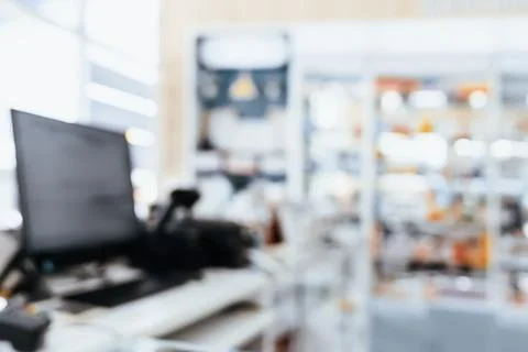 Background of blurred qualified pharmacy abstract background with drugs on shelf Foto stock