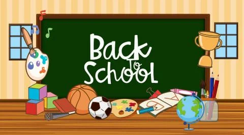 Background with board and school items in classroom Stock Illustration