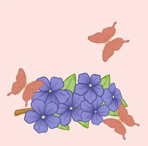 Background with branches of flowering trees and butterflies. Stock Illustration