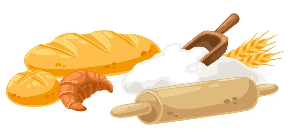 Background with bread and all for baking. Image for bakeries and groceries Stock Illustration