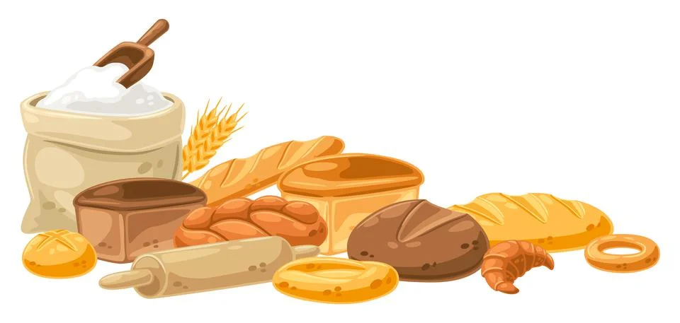 Background with bread and all for baking. Image for bakeries and groceries Stock Illustration