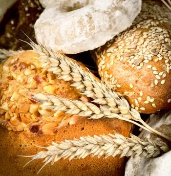 Background of bread and wheat Stock Photos