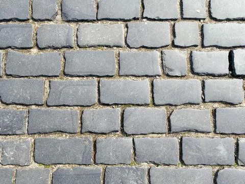 The background of the brick paving slabs is gray. Sidewalk tiles close-up Stock Photos