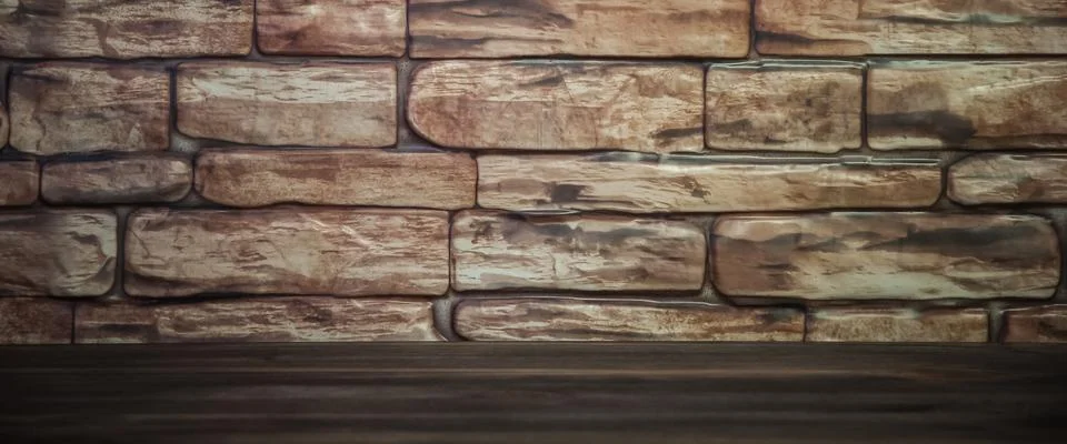 Background of a brick wall with a wooden table lit by light. Vignetting Stock Photos