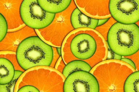 Background bright fruit, oranges and kiwi Stock Photos