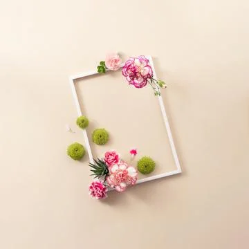 Background of bright spring flowers in full bloom with white frame. Stock Photos