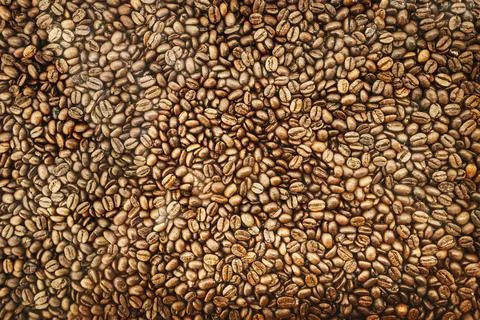 Background of brown roasted coffee beans, top view texture Stock Photos