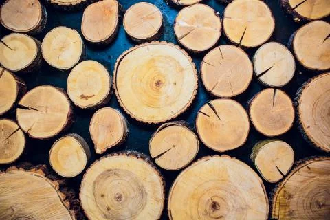 Background brown wood is cut stack together. Stockfoto's