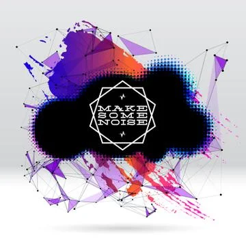 Background with brush stroke, blot, triangular grid and label Illustrazione stock