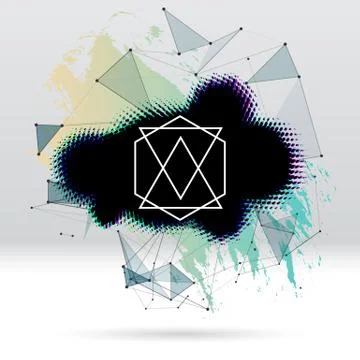 Background with brush stroke, blot, triangular grid and label Stock Illustration