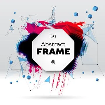 Background with brush stroke, blot, triangular grid and frame Stock Illustration