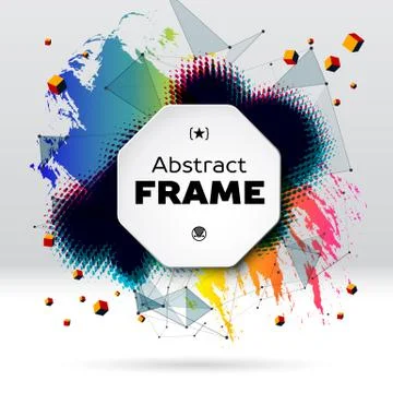 Background with brush stroke, blot, triangular grid and frame Stock Illustration