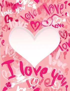 Background with brush strokes and scribbles in heart shapes and words love, i Stock Illustration