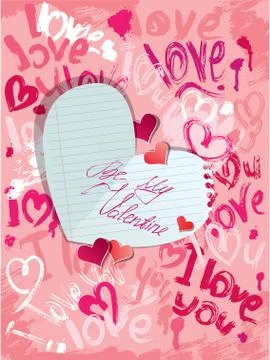 Background with brush strokes and scribbles in heart shapes and words love, i Stock Illustration