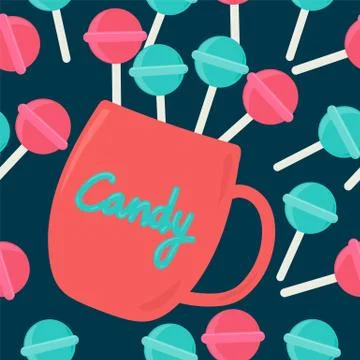 Background of a candy mug with caramel on a stick. Colorful caramels on a stick Stock Illustration