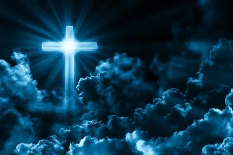 Background, card happy easter. Dark sky with cross, cloud. Divine shining heaven イラスト素材