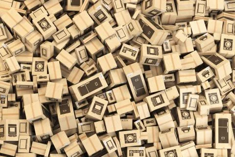 Background from cardboard boxes with household kitchen appliances and home te 库存插图