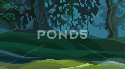 Background of cartoon abstract dense summer forest with knolls Stock Illustration