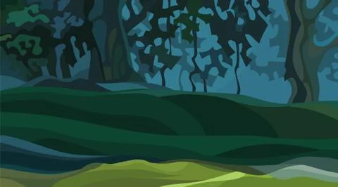 Background of cartoon abstract dense summer forest with knolls Stock Illustration