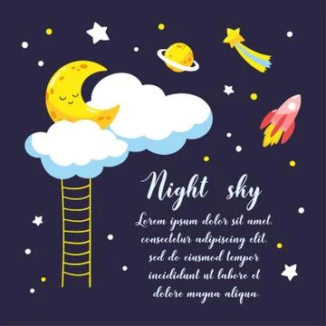 Background with cartoon crescent and clouds and other cosmic objects in the n Stock Illustration