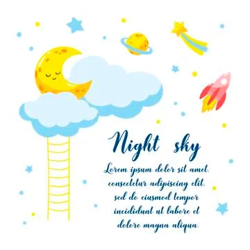 Background with cartoon crescent and clouds and other cosmic objects in the s Stock Illustration