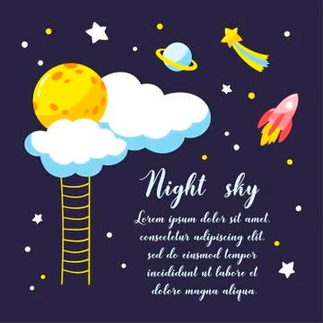 Background with cartoon full moon, clouds and other cosmic objects in the nig Stock Illustration