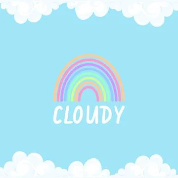 Background cartoon rainbow between the clouds. The blue sky is framed by white Stock Illustration