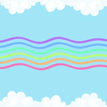 Background cartoon rainbow between the clouds. The blue sky is framed by white Illustrazione stock