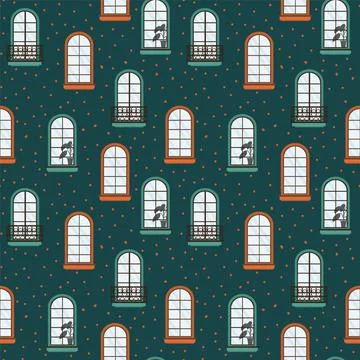 Background with cartoon window frames. Background with windows and a wall in a Illustrazione stock