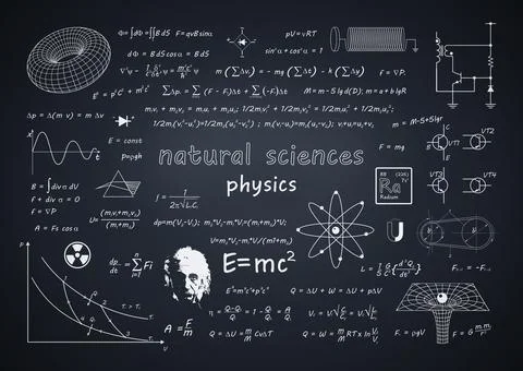 Background of a chalk board covered with written physical formulas. Backdrop Stock Illustration
