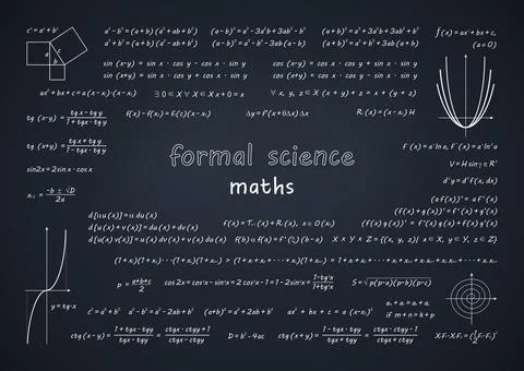 Background of a chalk board covered with written maths formulas. Backdrop for Stock Illustration