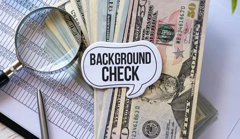 Background Check text on paper notebook with chart and keyboard Foto stock