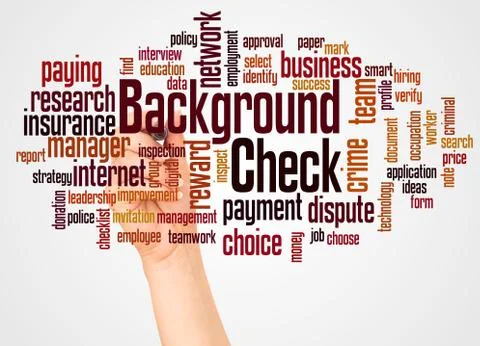 Background check word cloud and hand with marker concept Stock Photos