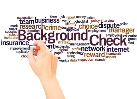 Background check word cloud hand writing concept Stock Photos