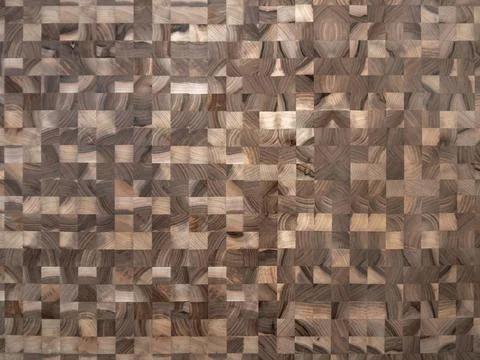Background. Checkered board made of small squares of walnut wood. Stock Photos