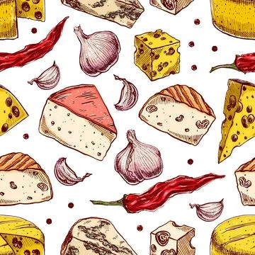 Background with cheeses and spices Stock Illustration