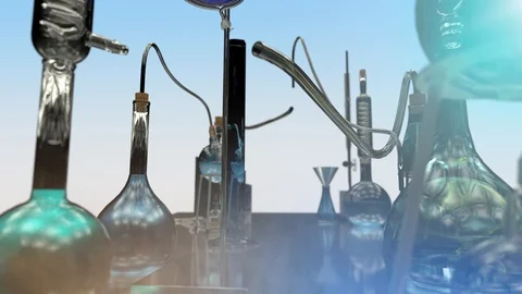 Background of chemical flasks and tubes render 3D Stock Footage 105757060