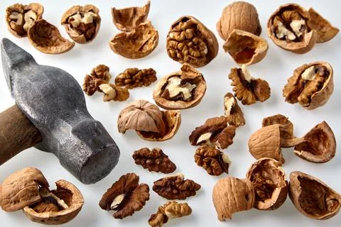 Background from chopped walnuts and a old hammer Stock Photos